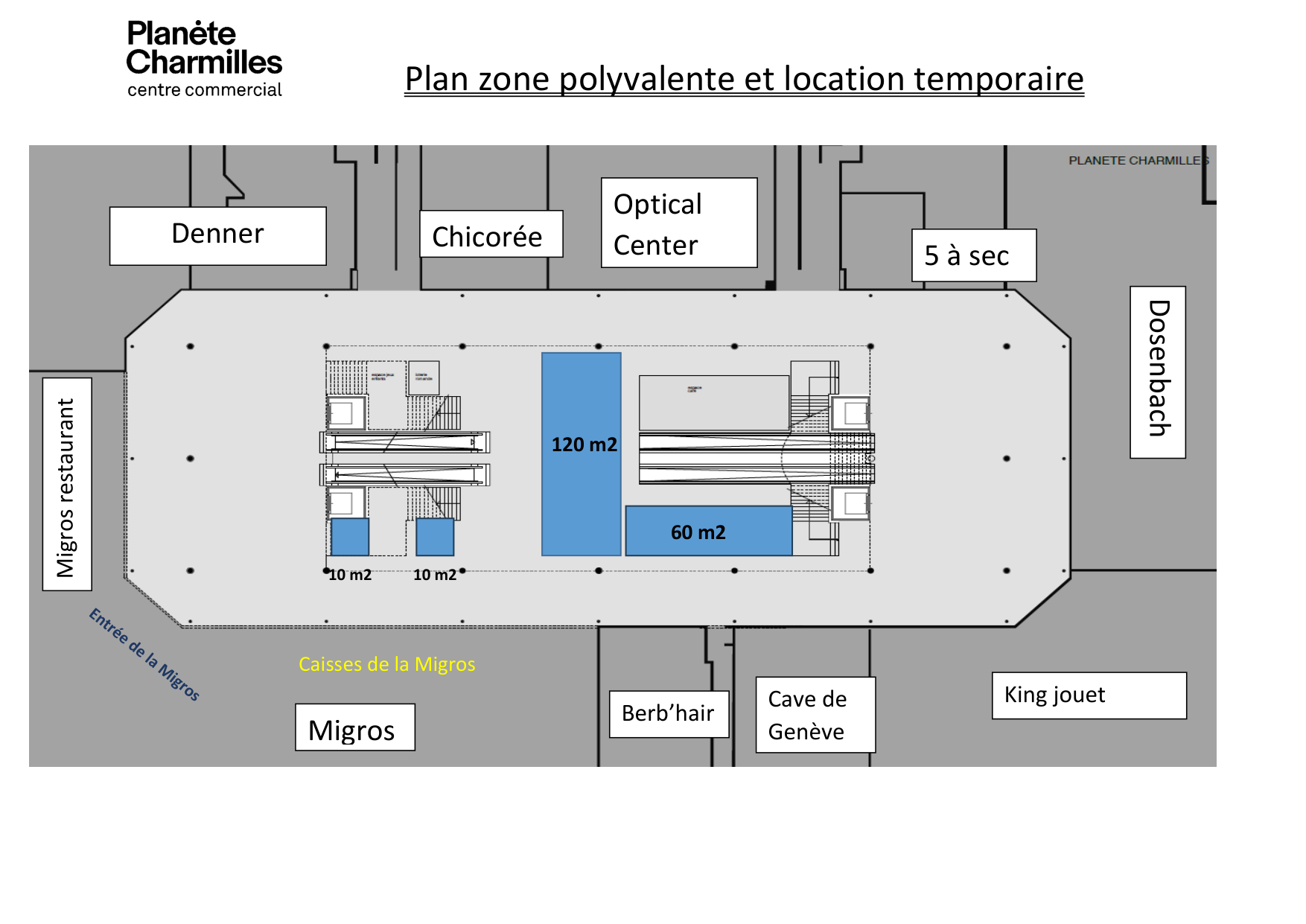 Plan de la zone polyvalente au niveau de la Migros, avec les quatre emplacements de location temporaire